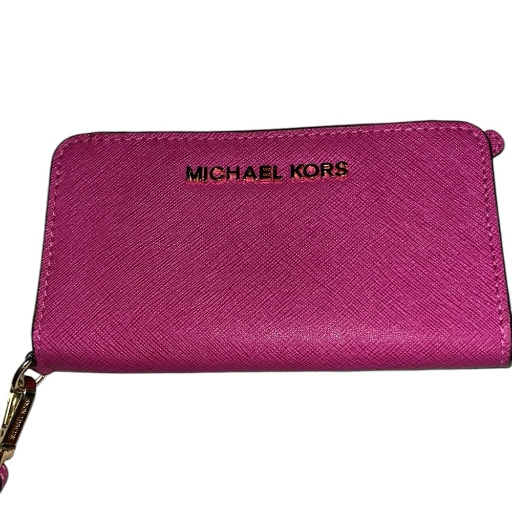 Micheal Kors Hot pink saffiano leather mobile wristlet card slot ID window